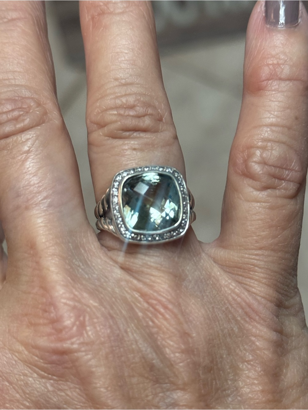 David Yurman Silver Ring with Light Green Cushion Gemstone and Pavé Accents - Picture 7 of 7